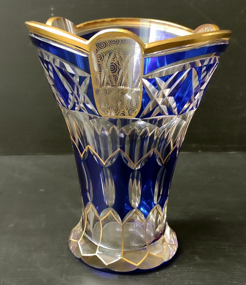 Double Size Crystal Vase Overlay Colbalt Blue And Gold St Louis Baccarat -photo-3