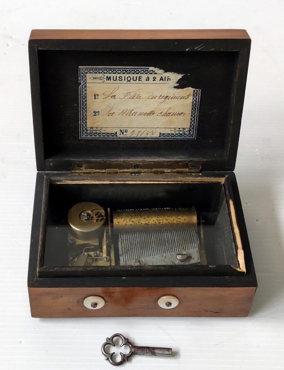 Music Box Snuffbox 2 Tunes Walnut Burl Wood Original Key Working Condition 19th Century