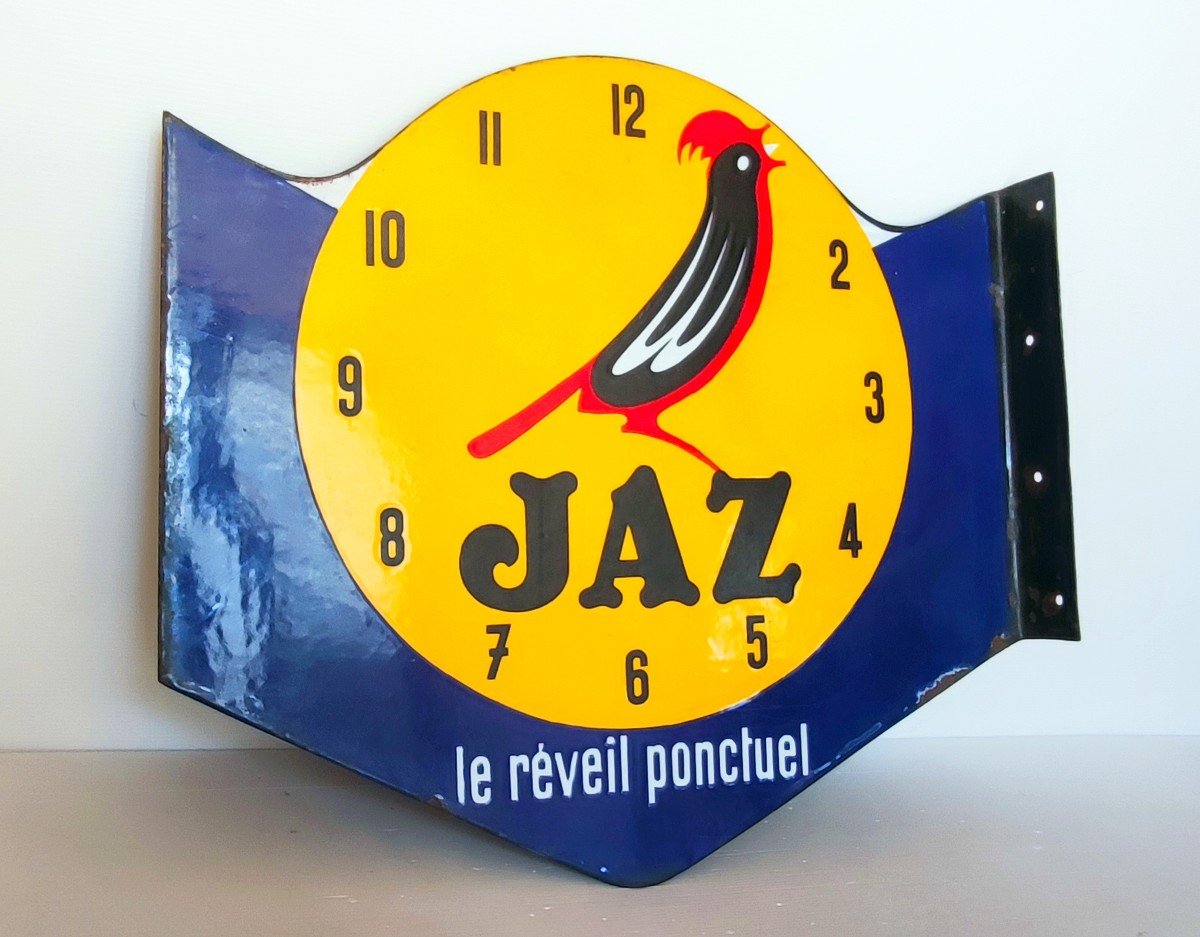 Enameled Advertising Plate Jaz Le Reveil Ponctuel Double Sided Emaillerie Alsace-photo-4