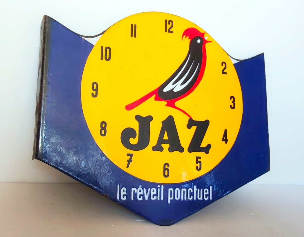 Enameled Advertising Plate Jaz Le Reveil Ponctuel Double Sided Emaillerie Alsace