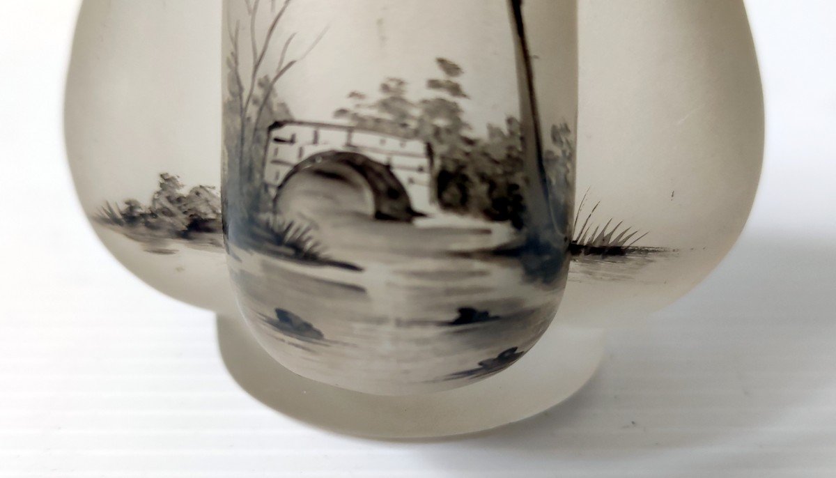 Small Frosted Glass Soliflore Vase Landscape Decor Grave 19th Century Daum Dufour For Epinal-photo-2