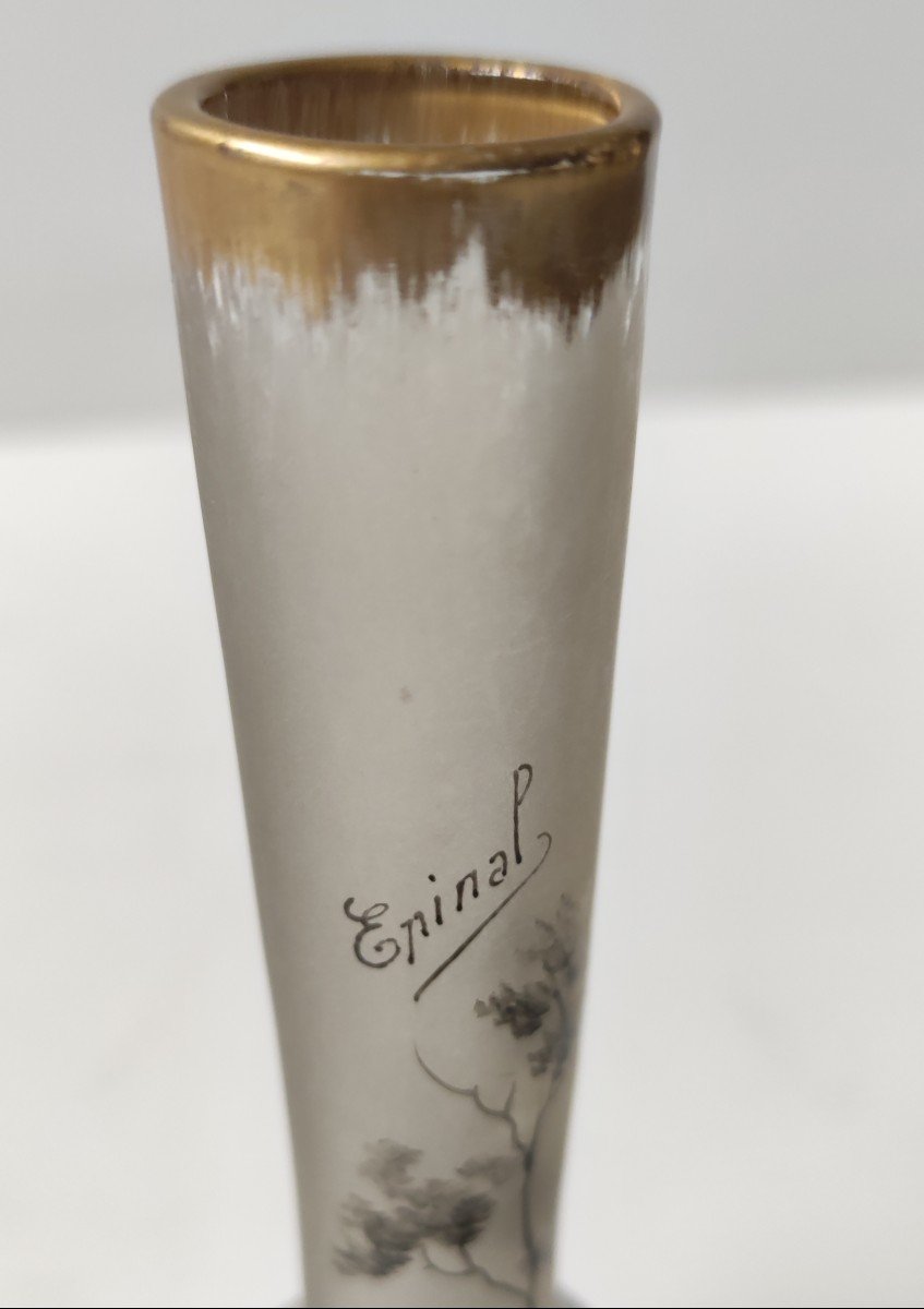 Small Frosted Glass Soliflore Vase Landscape Decor Grave 19th Century Daum Dufour For Epinal-photo-1