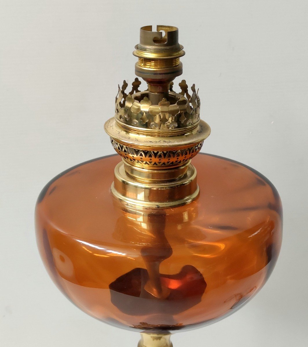 Amber Glass Oil Lamp Bronze And Marble Base Electrified 19th Century-photo-2