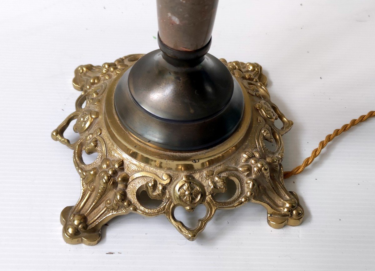 Amber Glass Oil Lamp Bronze And Marble Base Electrified 19th Century-photo-3