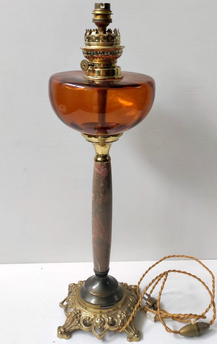 Amber Glass Oil Lamp Bronze And Marble Base Electrified 19th Century-photo-4