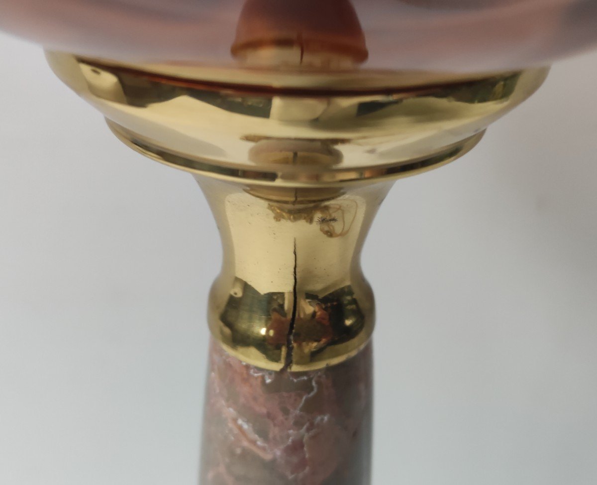 Amber Glass Oil Lamp Bronze And Marble Base Electrified 19th Century-photo-3