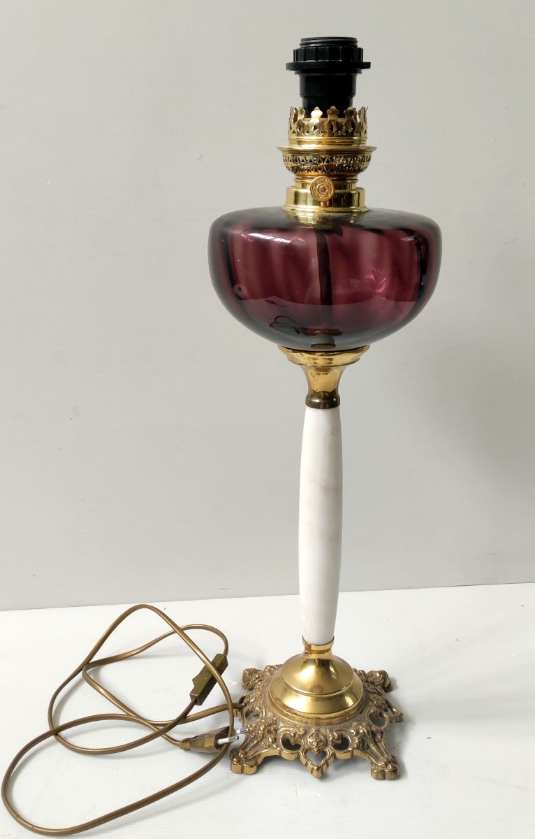 Amber Glass Oil Lamp Bronze And Marble Base Electrified 19th Century-photo-4