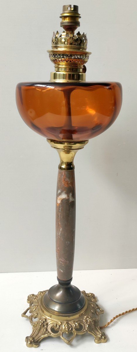 Amber Glass Oil Lamp Bronze And Marble Base Electrified 19th Century