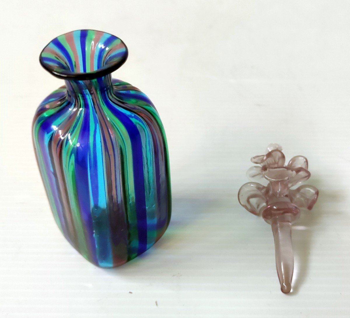 Zanfirico Murano Blown Glass Perfume Bottle Flower Shape Stem Stopper 20th Century-photo-2