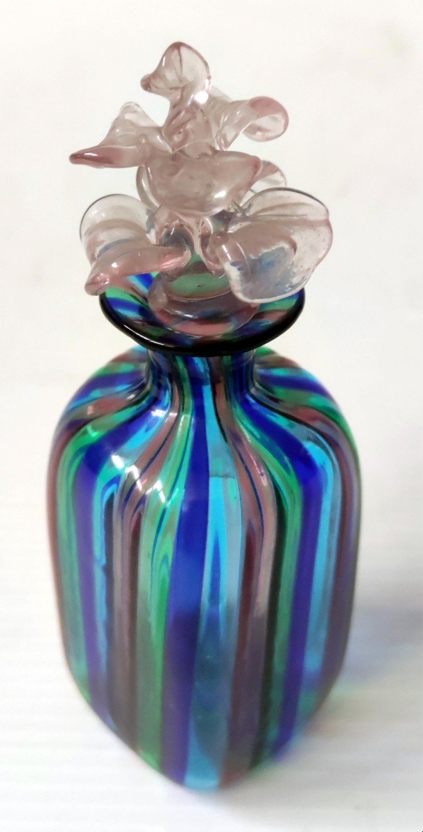 Zanfirico Murano Blown Glass Perfume Bottle Flower Shape Stem Stopper 20th Century-photo-3