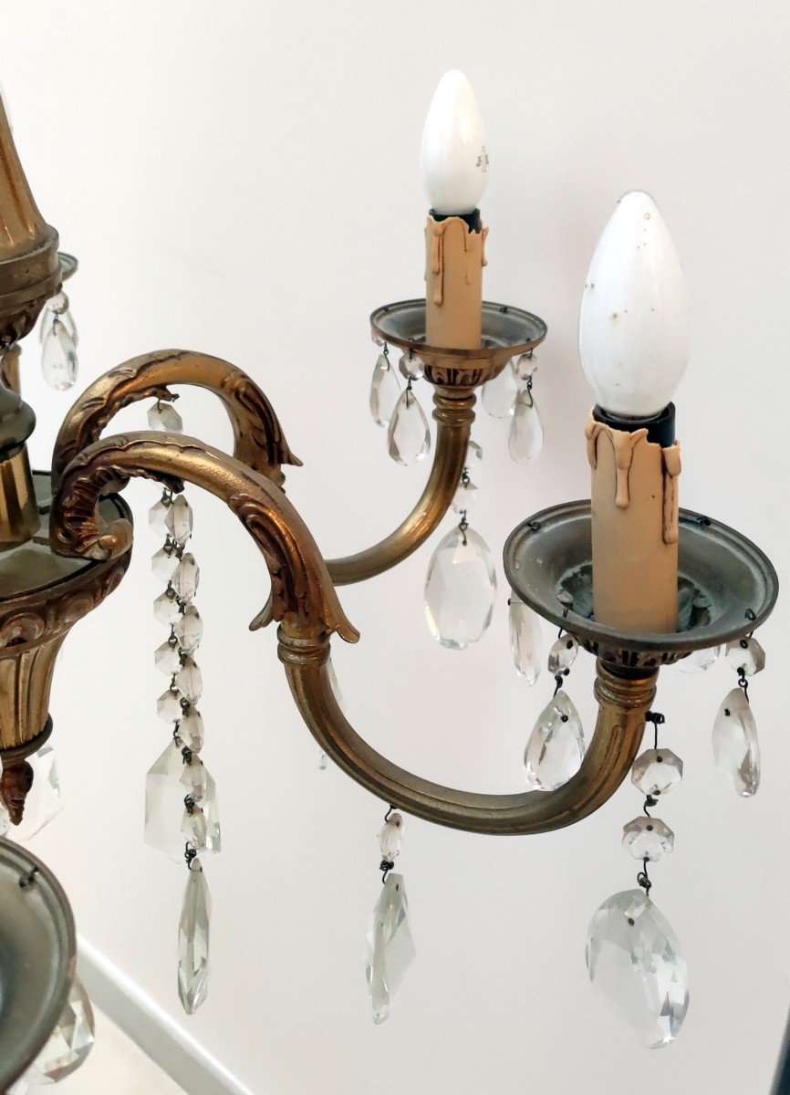 Lustre Pampilles Monture Bronze Dore Signe Mod Dep Lamp-art Style Louis XV 6 Lumiere XXè-photo-2