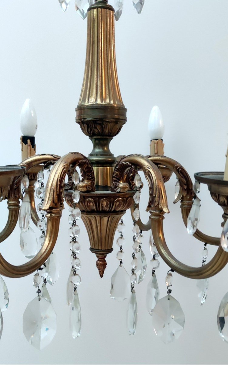 Lustre Pampilles Monture Bronze Dore Signe Mod Dep Lamp-art Style Louis XV 6 Lumiere XXè-photo-3