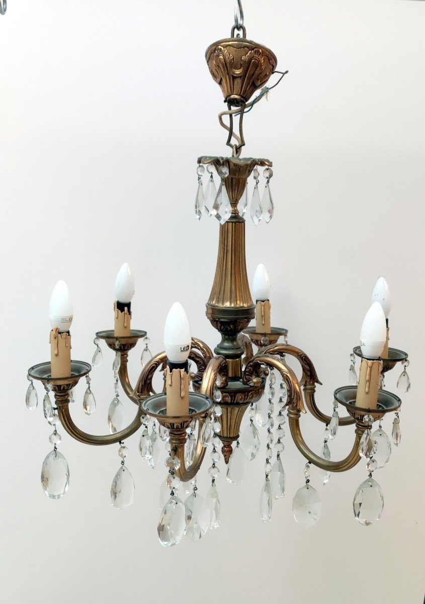 Lustre Pampilles Monture Bronze Dore Signe Mod Dep Lamp-art Style Louis XV 6 Lumiere XXè