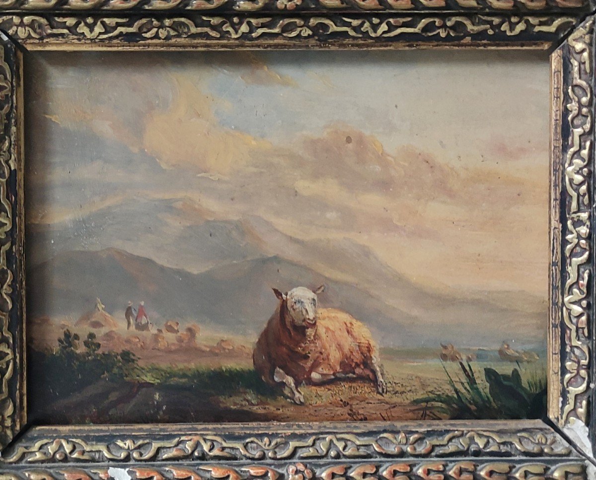 Painting Scene Of Life Sheep Mountain Landscape XIXth Oil -photo-2