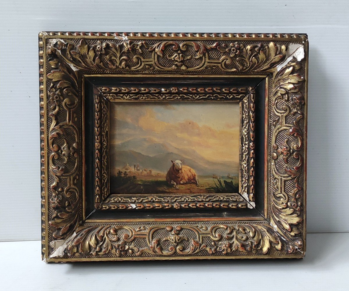 Tableau Peinture Scene De Vie Mouton Paysage De Montagne XIXè Huile 