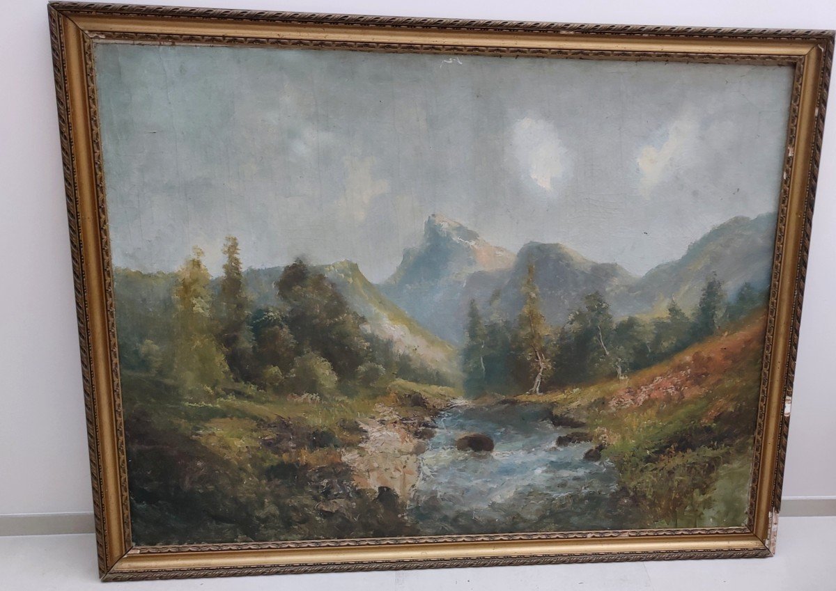 Large Oil Painting On Canvas Torrent In A Mountain Landscape 19th Century