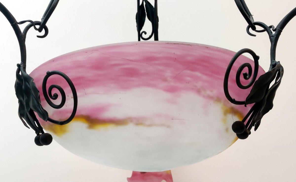 Chandelier Basin 3 Tulip Paste De Verre Pink Wrought Iron Mounting Sign Muller Fres Luneville 1900-photo-2