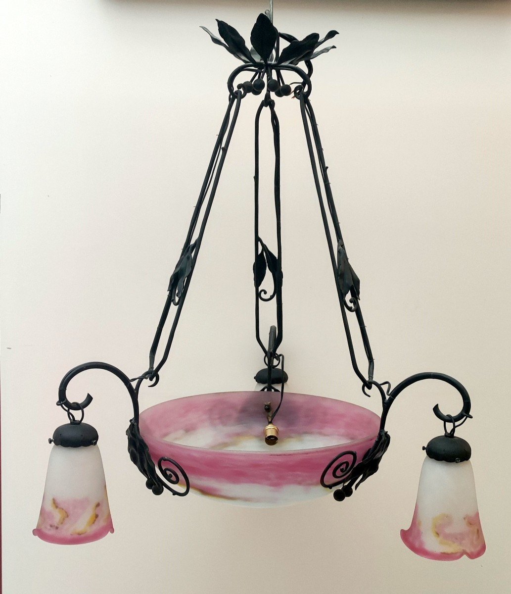 Chandelier Basin 3 Tulip Paste De Verre Pink Wrought Iron Mounting Sign Muller Fres Luneville 1900