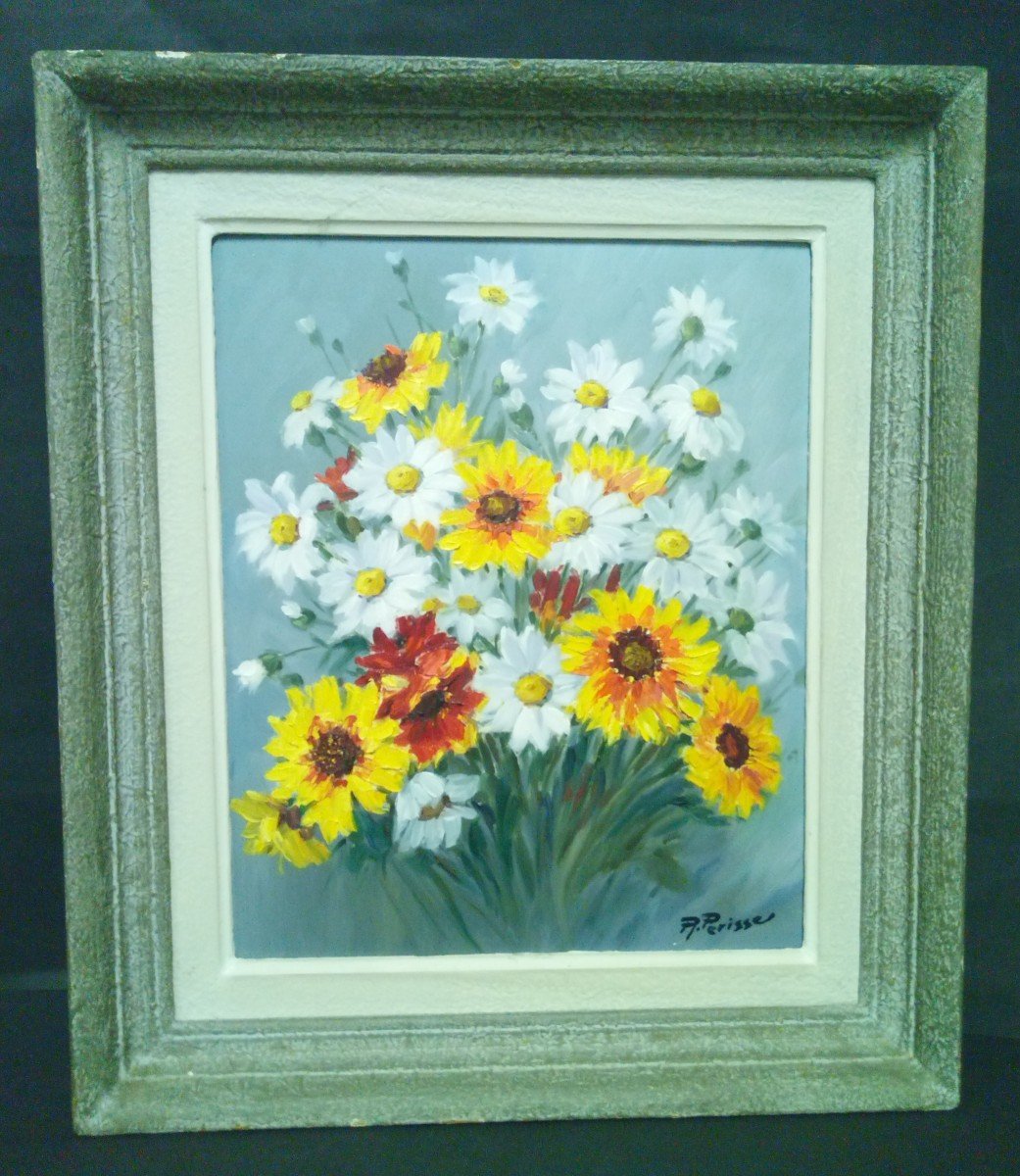 Tableau Huile Signe R. Perisse Bouquet De Marguerites 1897-1969 Nancy