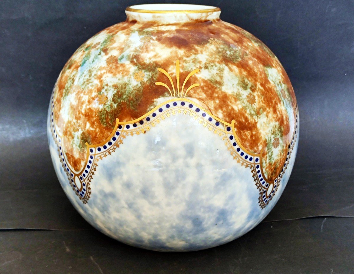 Vase Boule Art Deco Decorateur Tom Signe Mt Limoges Decor Polychrome Rehausse Or-photo-2