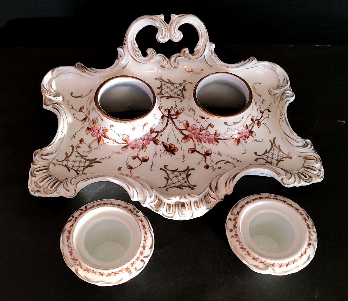 Encrier Double Porcelaine De Paris Decor Fleur Et Papillon Signe Ancien-photo-2