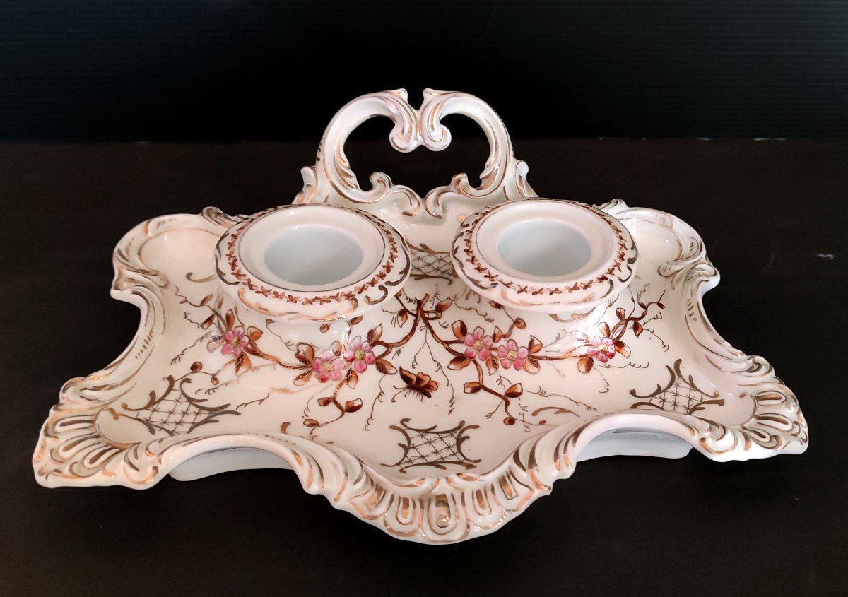 Encrier Double Porcelaine De Paris Decor Fleur Et Papillon Signe Ancien