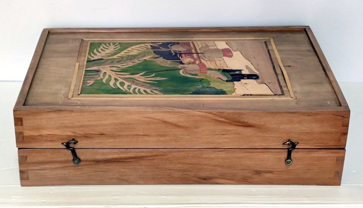 Old Game Box Backgammon Thistle Chateau Haut Koenigsbourg Art Nouveau Marquetry-photo-3