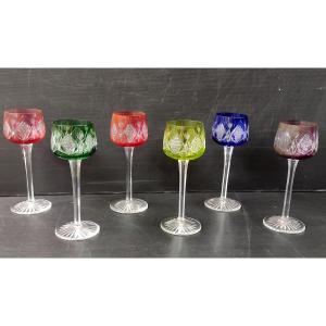 6 Rhine Wine Glass Overlay Crystal Sign Baccarat Model Flanders Ht 19 Cm