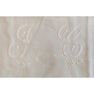 White Linen Thread Sheet 310x204 Monogram Gc Jours Old Handmade Embroidery