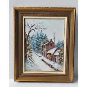 Tableau Peinture Sur Porcelaine Limoges Signe Ribes Paysage Sous La Neige Emaille Peint Main