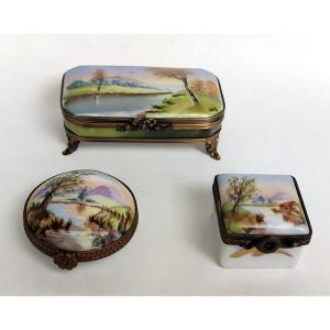 Lot 3 Boite A Pilules Decor Paysage Au Bord De L'Eau Peint Main Porcelaine Limoges G. R. Ribierre