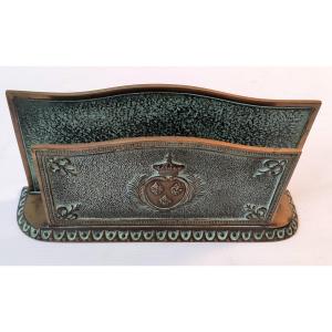 Patina Bronze Mail Holder Sign Le Verrier Coat Of Arms Fleur De Lys Royal Crown