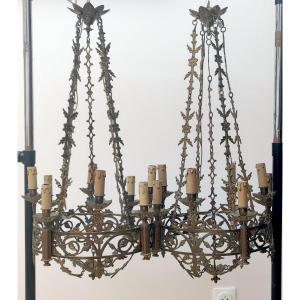 Pair Of Neo Gothic Religious Bronze Dore Chandeliers 16 Lights 19th Century