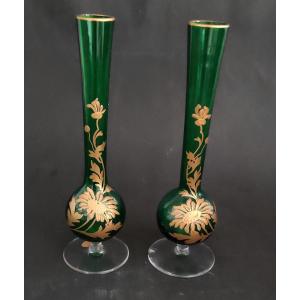 Pair Of Soliflore Vase Green Crystal Enamel Gilded With Fine Gold Baccarat Floral Decor 19th