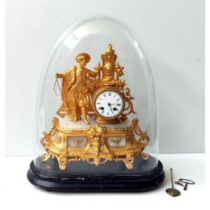 Horloge Pendule Pecheur Regul Dore Et Albatre Blanc Globe En Verre Souffle XIXè