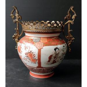 Small Bronze Mounted Planter Decor Woman And Flower Asian Ceramic 19th Century