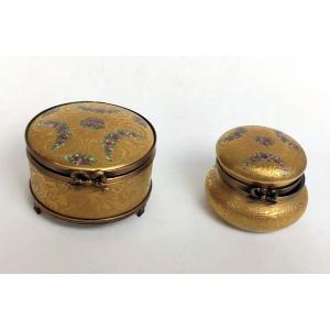 2 Pill Box Floral Decor Gold Inlay Hand Painted Limoges Porcelain G.ribierre