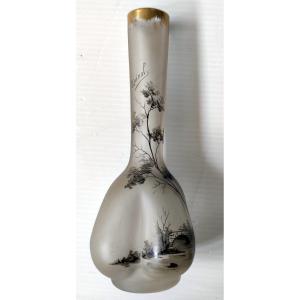 Petit Vase Soliflore Verre Givre Decor Paysage Grave XIXé Daum Dufour Pour Epinal