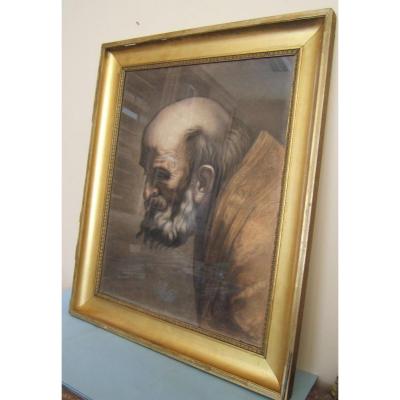 Sanguine Charcoal Painting A Portrait Of Nineteenth Scene Religious Altar St Jerome