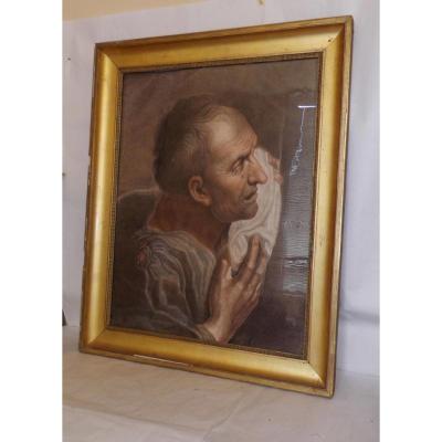 Sanguine Charcoal Painting A Portrait Of Nineteenth Scene Religious Altar St Jerome