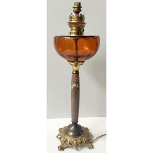 Amber Glass Oil Lamp Bronze And Marble Base Electrified 19th Century