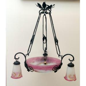 Chandelier Basin 3 Tulip Paste De Verre Pink Wrought Iron Mounting Sign Muller Fres Luneville 1900