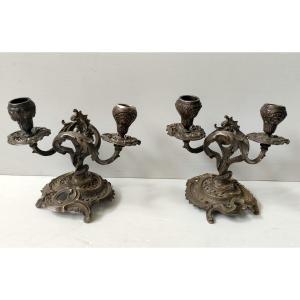 Pair Of Double Bronze Silver Candlestick Holders V. Saglier 19th Century Louis XVI Style