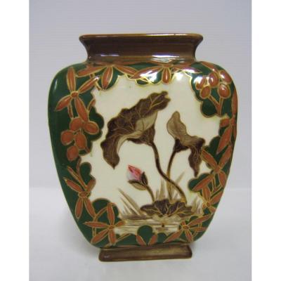 Vase Emaille Faience Kg Luneville Art Nouveau Decor Fleurs Peint Main 1880