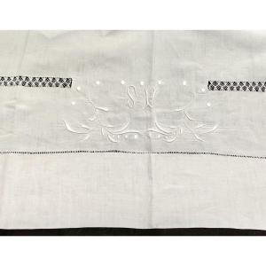 White Linen Thread Sheet 276x198 Monogram Sv Fleur Au Retour Handmade Embroidery