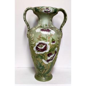 Large Majolica Glazed Faience Amphora Vase Poppy Decor Brand 568 New Art