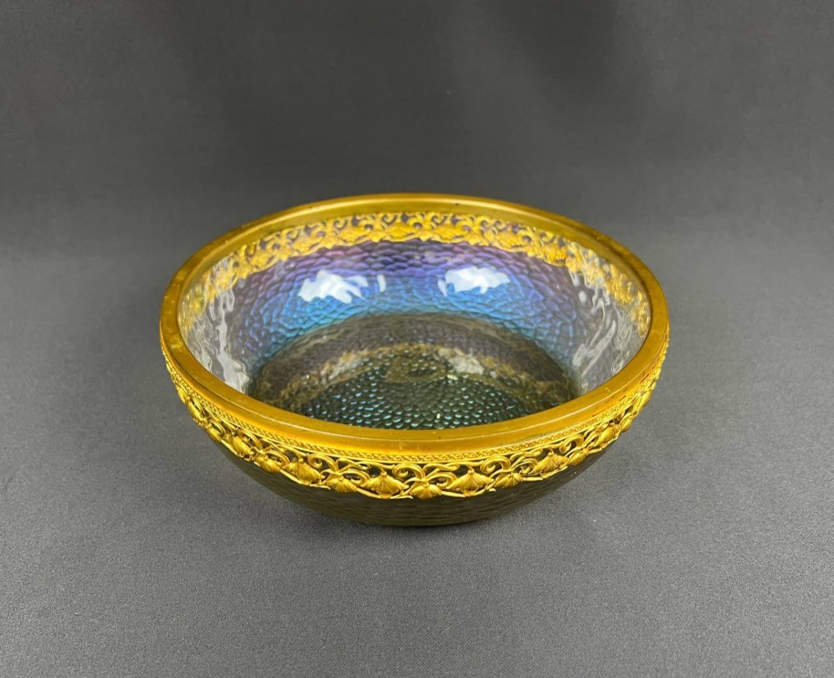 Art Nouveau Style Iridescent Glass Cup, Gold Metal Frame. Loetz / Kralik.-photo-6