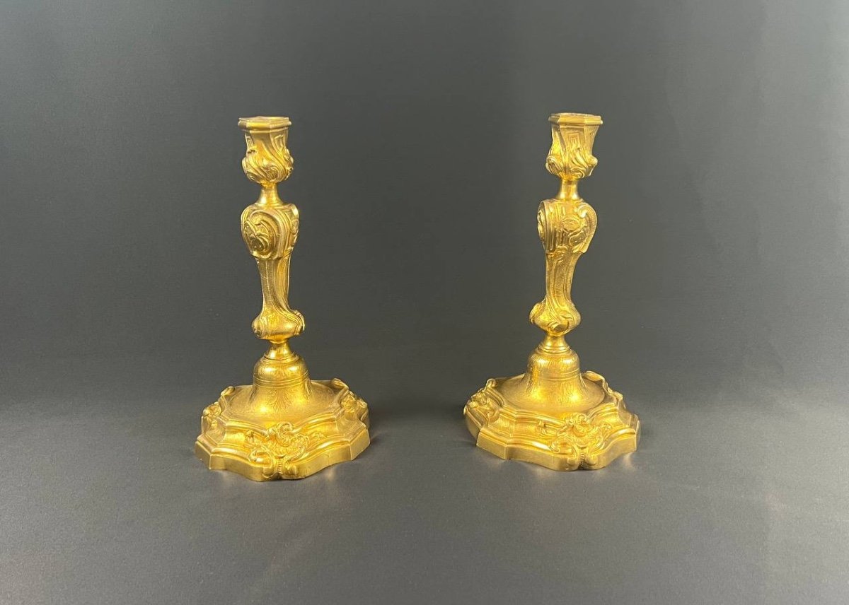 Pair Of Louis XV Style Candlesticks In Gilt Bronze.-photo-2