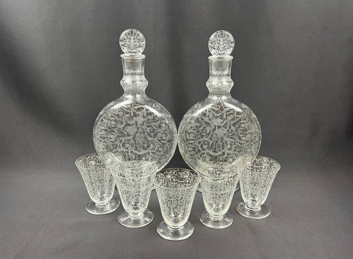 Set Of 2 Baccarat Crystal Carafes And 5 Glasses Michelangelo Model-photo-1