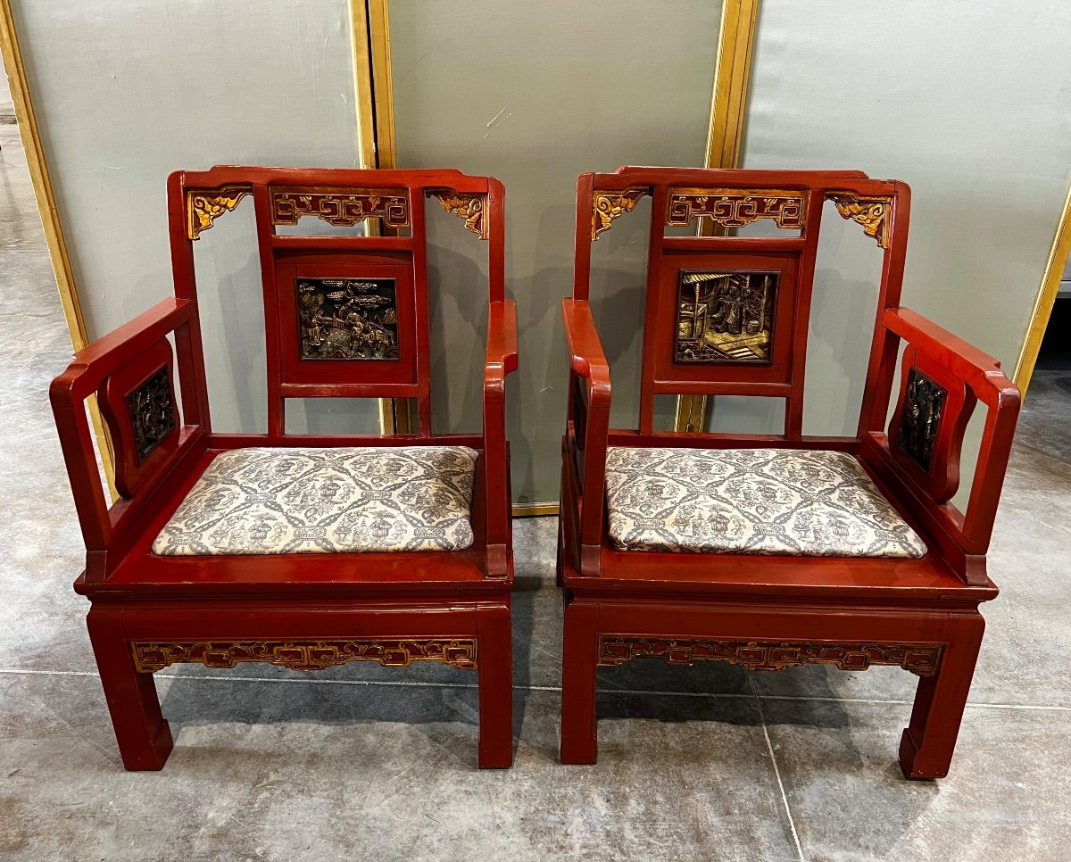 Pair Of Chinese Red Lacquer Armchairs